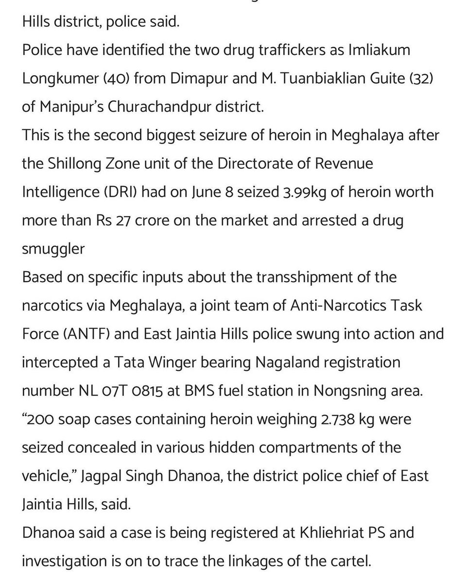 🚨 #MeghalayaPolice arrest M. Tuanbiaklian Guite, a Manipur Kuki, and a person from Nagaland with heroin worth Rs. 17.5 crore in East Jaintia Hills District. 

#SalmanKhan #क्षत्रियसमाज #YumnaZaidi #taekook #DroneAttack #EngineeringDrawing #दिल्लीपुलिस #Kohli #ManipurVoilence