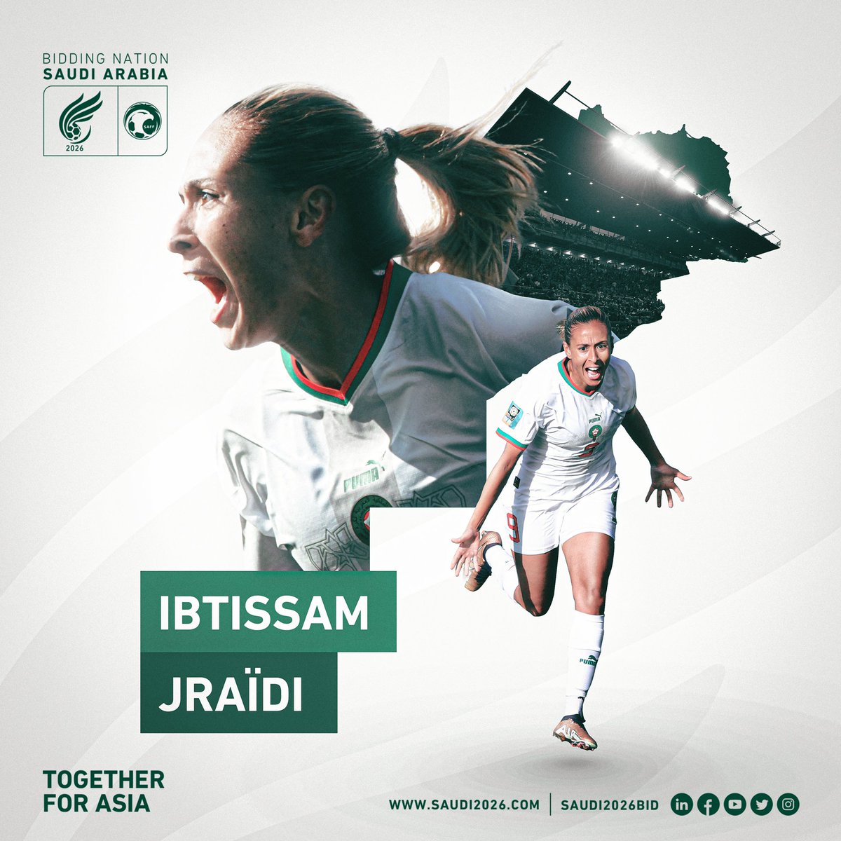 Saudi2026Bid's tweet photo. First player from the Saudi Women's Premier League to play in #FIFAWWC ๐
First Arab woman to score in a World Cup โฝ
Player of The Match ๐
๐ฒ๐ฆ Ibtissam Jraรฏdi created history in Australia ๐
#Saudi2026 | #TogetherForAsiaย |ย @saff_wfd https://t.co/8J6gpHt3Ro