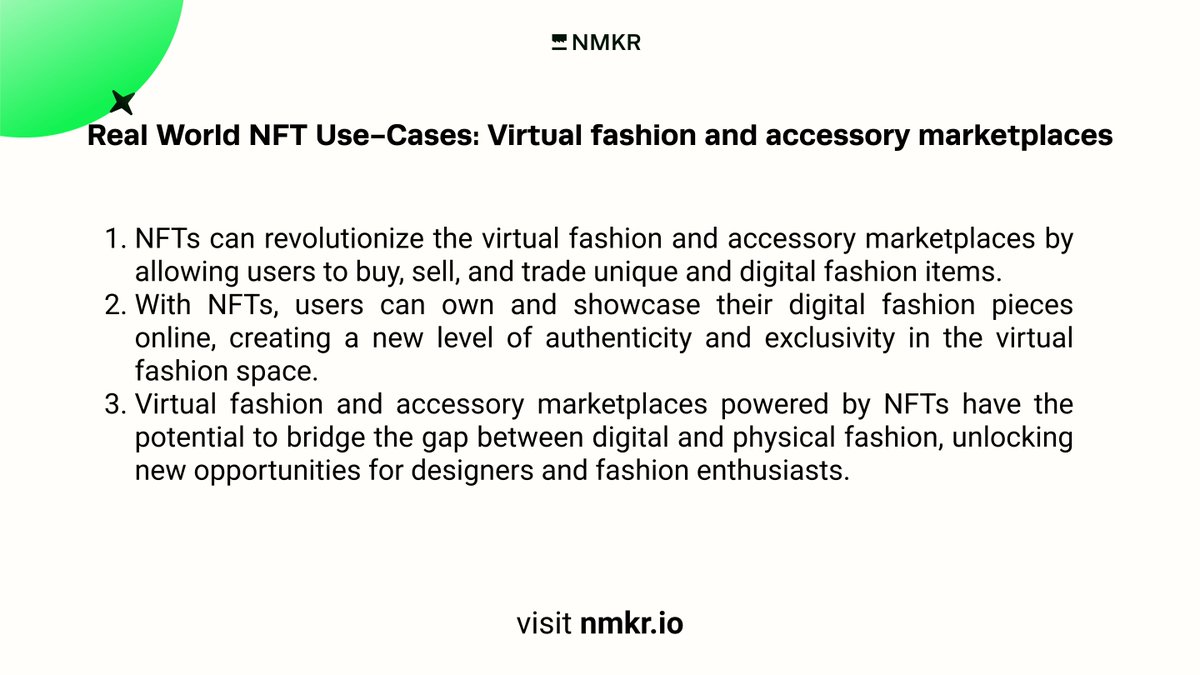 nmkr_io's tweet image. 📣 At NMKR, we're empowering everyone to harness the potential of NFTs to create tangible solutions. One exciting example? Virtual fashion &amp;amp; accessory marketplaces! 🌐💃🏻💼 #NFTRevolution #RealWorldUseCases