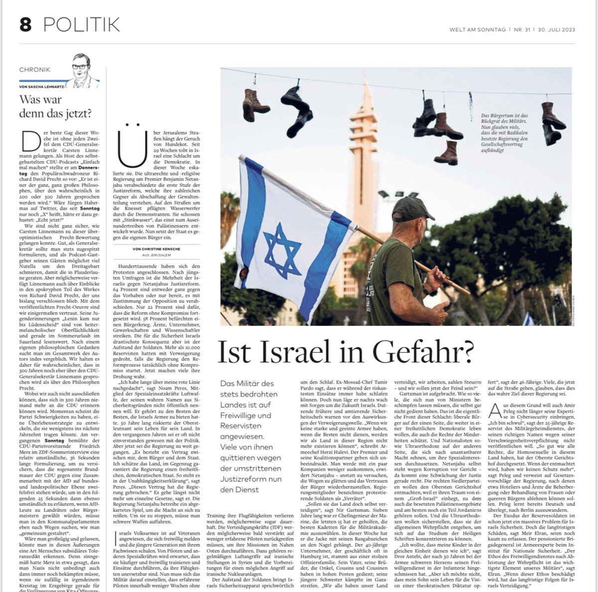 Ich habe Soldaten aus Israels Luftwaffe, Marine, Infanterie und Cybersecurity gefragt, warum sie wegen Netanjahus Justizreform den Dienst verweigern. Heute @WELTAMSONNTAG