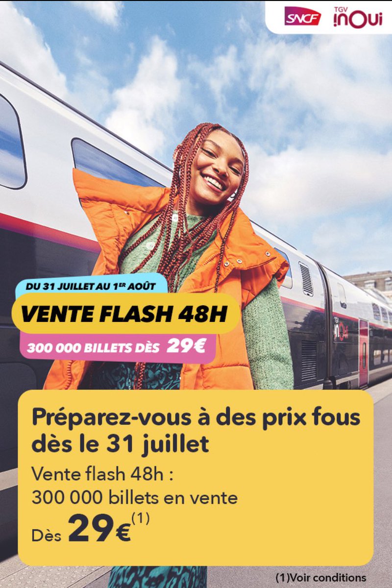 c_inoui's tweet photo. ⚠️ Du 31 juillet au 01 août 2023. Vente flash durant 48h. Pas moins de 300 000 🎫 vont être mis en vente. Prix mini 29€. Vous souhaitez le confort augmenté, pour 1€ de + vous accédez à la 1ère Classe. Préparez-vs ça va partir vite ! 🏋🏽‍♂️ #TGV #TGV_inoui @TGVINOUI @SNCFConnect 🧳 https://t.co/dqmgDo0OTy