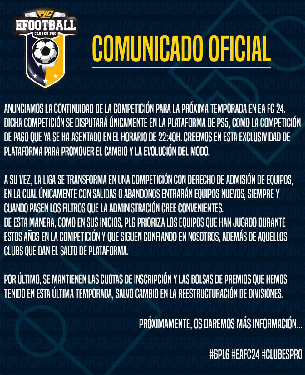 PLG_Spain's tweet photo. 🚨𝗖𝗢𝗠𝗨𝗡𝗜𝗖𝗔𝗗𝗢 𝗢𝗙𝗜𝗖𝗜𝗔𝗟 - 𝗧𝗘𝗠𝗣𝗢𝗥𝗔𝗗𝗔 𝟲 #EAFC24 #ClubesPro

👉🏻 Se da por finalizada la competición en PS4. 

👉🏻 Trabajamos en una nueva web con cambios importantes, entre ellos los contratos de jugadores.

👉🏻 Derecho de admisión de equipos nuevos.

#6PLG https://t.co/hpz0VqBpq1