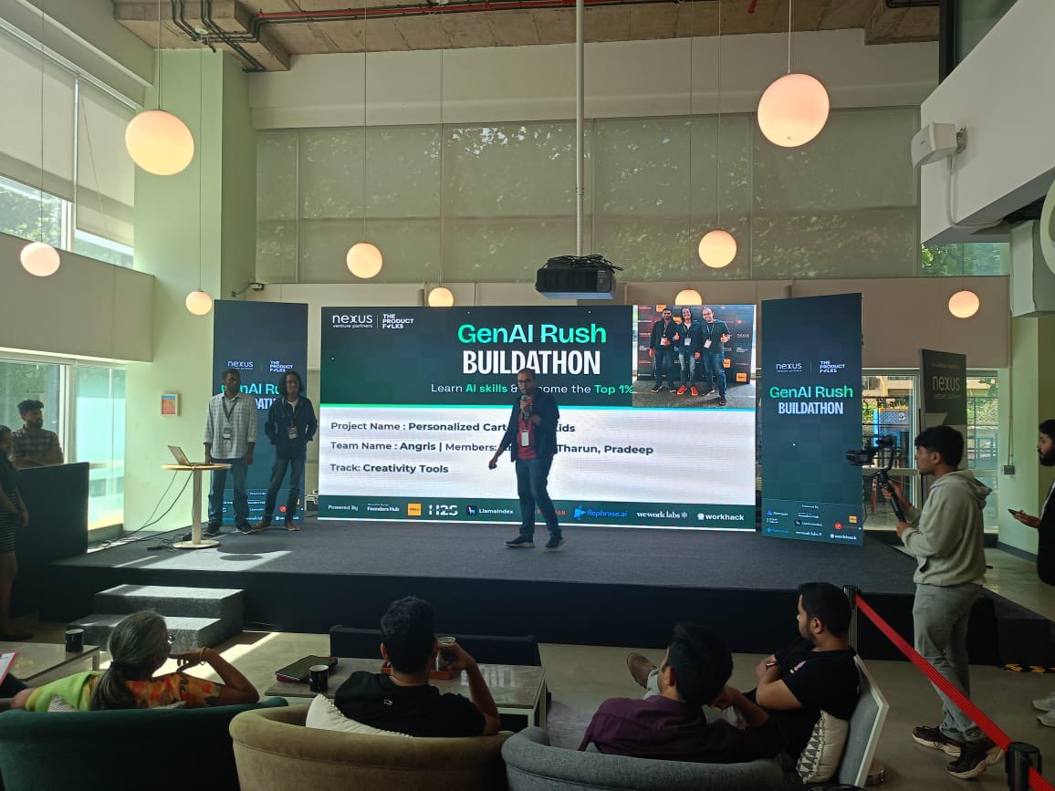 TheProductfolks's tweet photo. @h2oai @srisatish @vinayakh @ravithejads @NexusVP @Rephrase_AI @WeWorkIndia @workhackai @Llamaindex8514 @Airmeet @llama_index @MotwaniSuhas @Shamitha2807 @abhayjani4 @adityamohanty_ @dimpy_nandwani @AalapSanghvi @bharathbhat28 @abhijit_kane @getpostman @b_jishnu @observeAI First up is Team Angris ⚡️

A smart tool that generates personalised cartoons with content that parents would want their kids to watch 🔥

Using @New_GPT, @StableDiffusion &amp; @googlecloud 🎉

The architecture is phenomenal 🎯

Quirky yet sooo innovative 🤩

We’re truly amazed 🥰 https://t.co/dUlUGHtbju