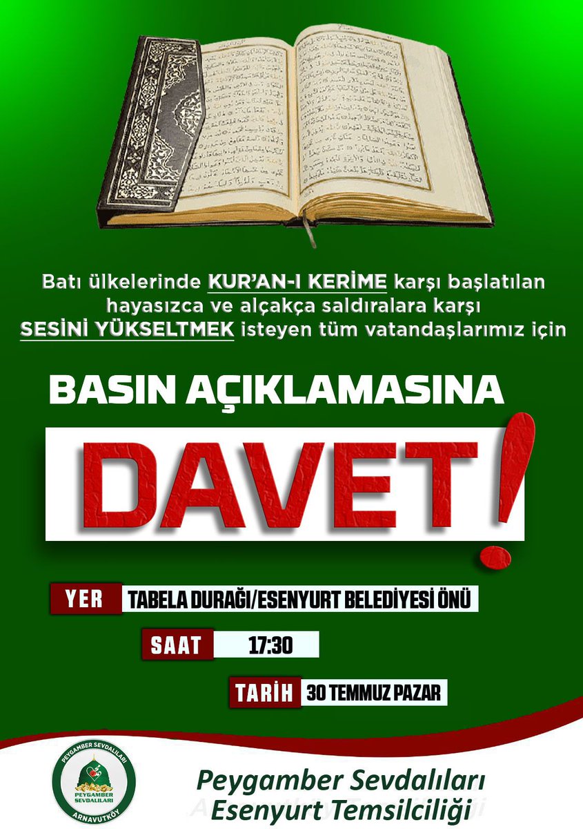 PsEsenyurt's tweet photo. Kutsal kitabımız Kur’an-ı Kerim’e yapılan alçakça saldırıları tel’in etme ve ona olan bağlılığımızı gösterme adına düzenleyeceğimiz basın açıklamalarına tüm halkımız davetlidir. https://t.co/GeJbpcS7nE