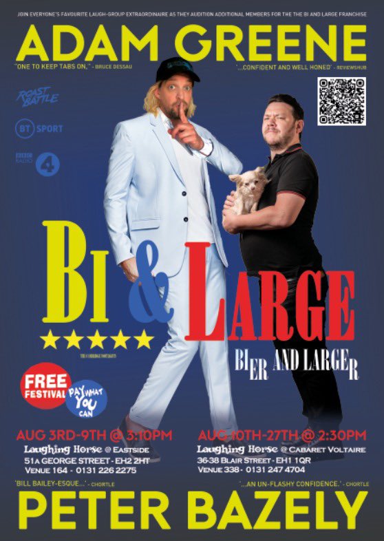 Bi and Large are coming! The UK’s most successful double act is back at <a href="/edfringe/">Edinburgh Festival Fringe</a> and this time we’re auditioning more members to do the gigs we’re too busy to do! Join us for Bier and Larger! Tickets here: tickets.edfringe.com/whats-on/adam-…