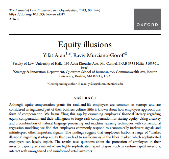 📢Exciting news! Raviv Murciano-Goroff (<a href="/ravivmg/">Raviv Murciano-Goroff</a>) and I just published a new paper in the Journal of Law, Economics, and Organization titled "Equity Illusions." 1/🧵academic.oup.com/jleo/advance-a…