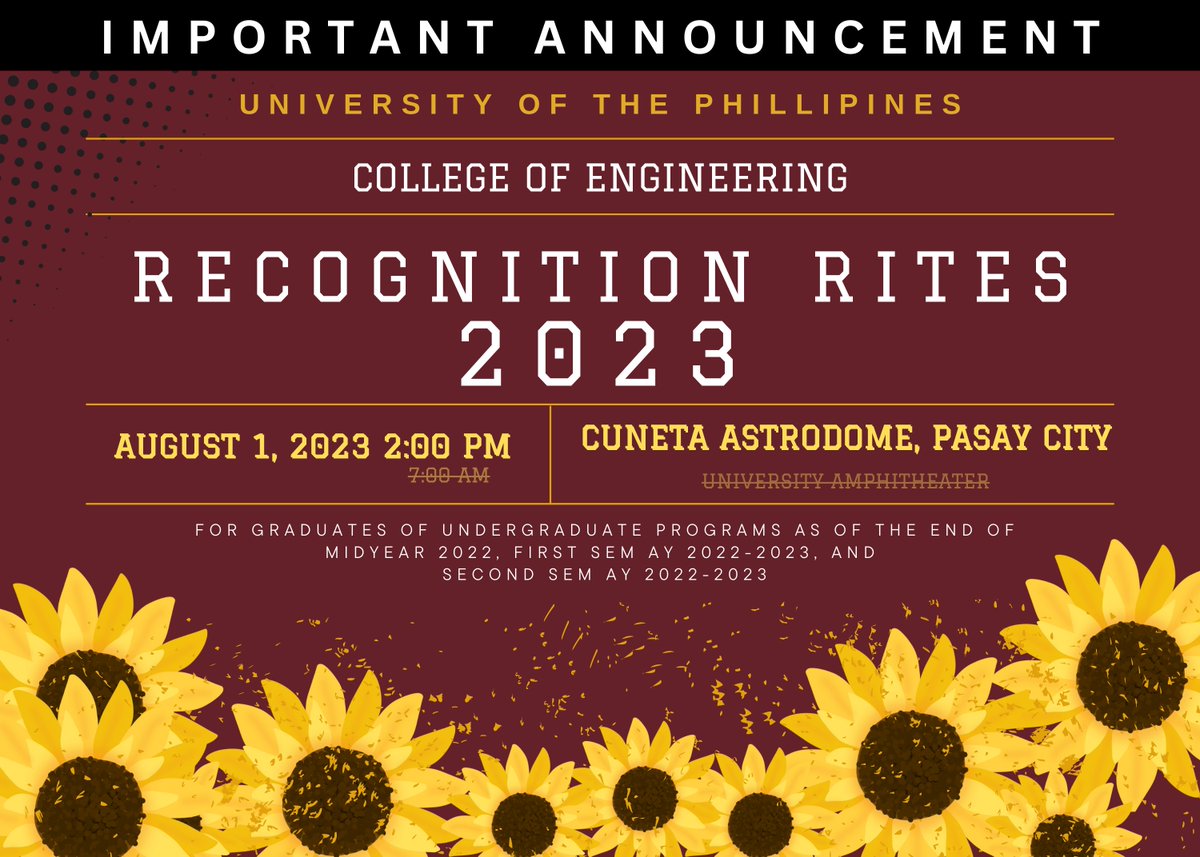 updengg's tweet photo. Important Announcement! 

UPDATED details of the UPD COE Recognition Rites 2023
Date: Tues, Aug 1, 2023
Venue: Cuneta Astrodome, Pasay City
Doors Open: 11AM
Call Time: 12NN
Graduate Assembly: 1PM
Processional: 1:30PM
Program Start: 2PM

Read more:
https://t.co/lI1xnGBlID https://t.co/Hsbg1SDAhH