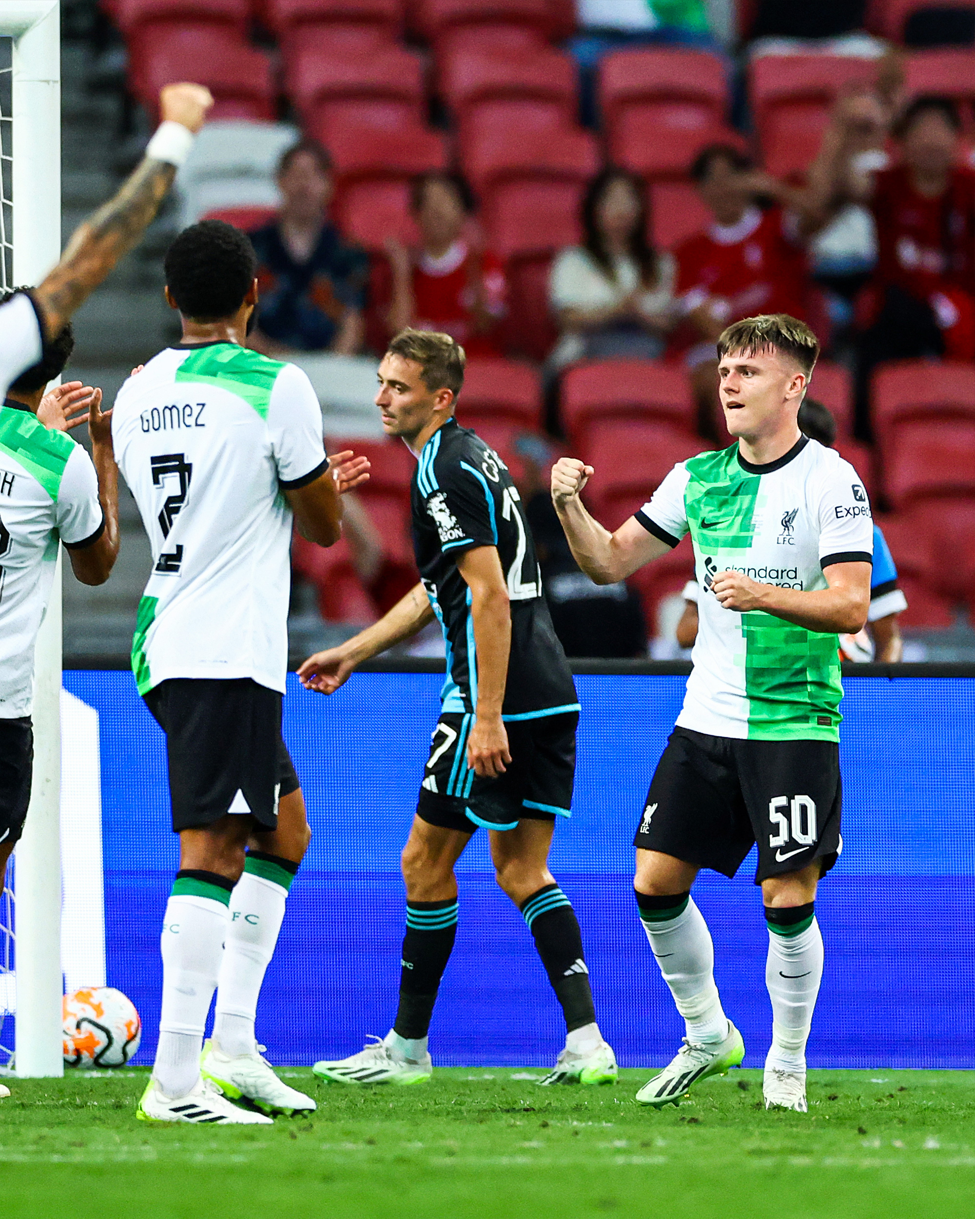 Ben Doak celebrates heading home our fourth goal against Leicester City in Singapore. His first senior strike.