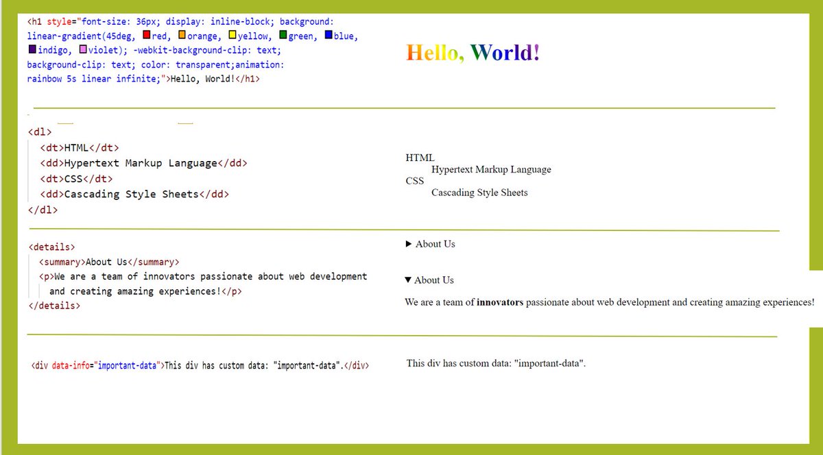 TechBytesX1's tweet image. 🎉 Unleash your creativity with Advanced HTML! ✨
🌈 Animated Heading: Say 'Hello' with a rainbow effect! 🌈
📜 Definition List: Organize terms and their meanings.
📖 Details and Summary: Create collapsible content!
💻🌐 #HTML #WebDevelopment #AdvancedHTML #CodeSnippet