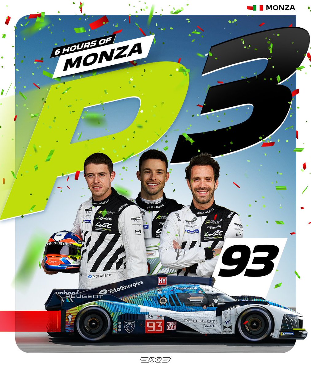 Muchas felicidades de nuevo a nuestro equipo #93: Paul Di Resta, Mikkel Jensen y Jean-Eric Vergne que cruzaron la línea de meta del #6HMonza en tercera posición con su #Peugeot9X8. 

¡Gracias a todos por vuestro apoyo! ¡Nos vemos en un par de meses en Fuji! #AllureBornToRace #WEC