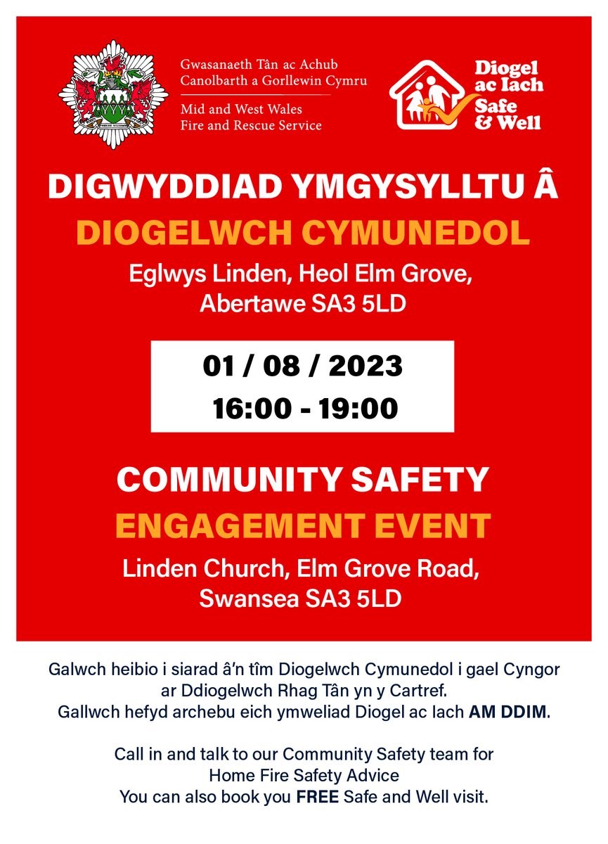 Dydd Mawrth, Awst 1af Digwyddiad Ymgysylltu Â Diogelwch Cymunedol yn Eglwys Linden, Abertawe. Mae yna groeso i bawb. ---- Tuesday, 1st August Community Safety Engagement Event in Linden Church, Swansea. All are Welcome. @SwanseaCouncil @SaferSwansea @SWPSwansea @EvolveSwansea