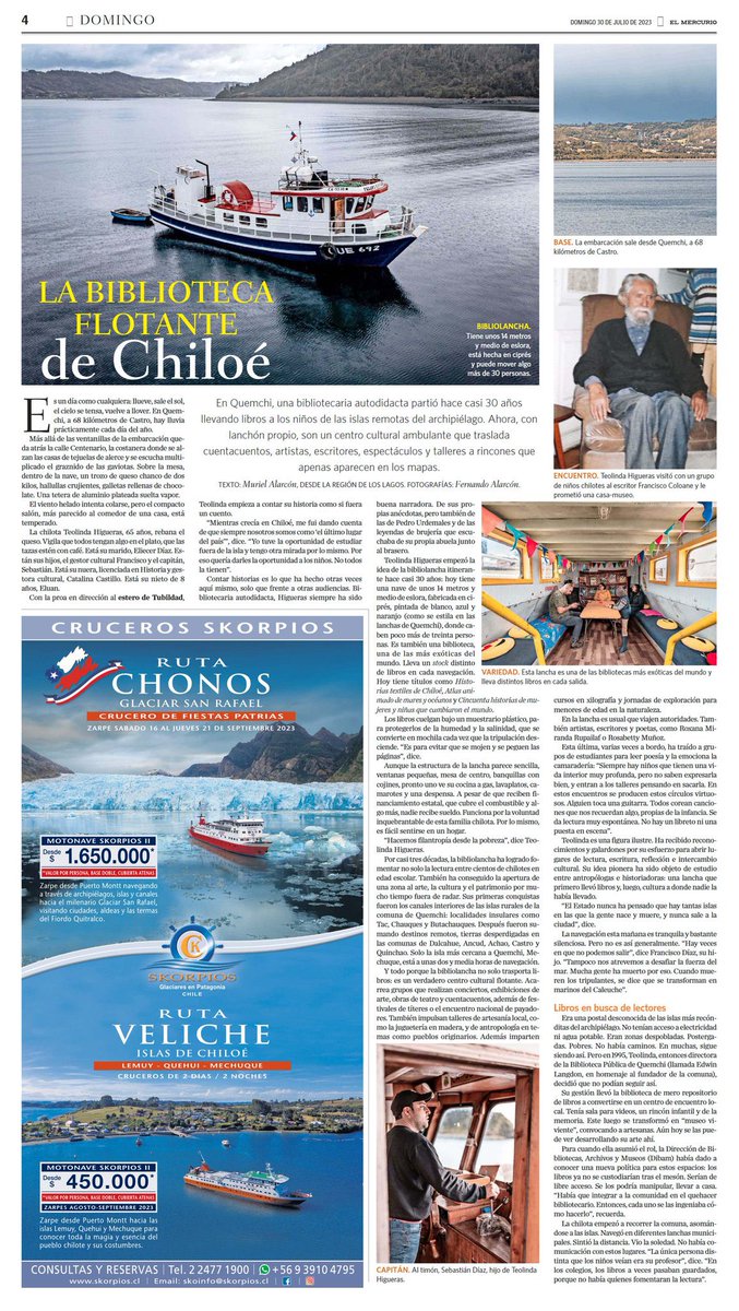 murialalu's tweet photo. En Quemchi, una bibliotecaria autodidacta partió hace casi 30 años llevando libros a los niños de las islas remotas de #Chiloé. Ahora, con lanchón propio, son un centro cultural ambulante que conecta a rincones que apenas aparecen en los mapas. Su hazaña hoy en @RevistaDomingo https://t.co/USh3JhK0rl