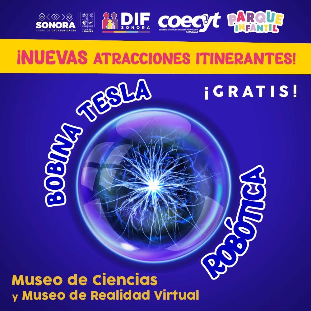 gobiernosonora's tweet photo. 🟠 ¡Vive tu verano en el Parque Infantil DIF Sonora! 🔬🔭✨

Estamos acercando a niñas y niños a la ciencia y tecnológica con los Museos de Ciencias y Realidad Virtual.

🤖 Podrás disfrutar simuladores de drones, robótica, módulos de matemáticas, una bobina Tesla, área de cine, así como también, experimentar con visores de realidad virtual.

#CompromisosFirmes #TierraDeOportunidades