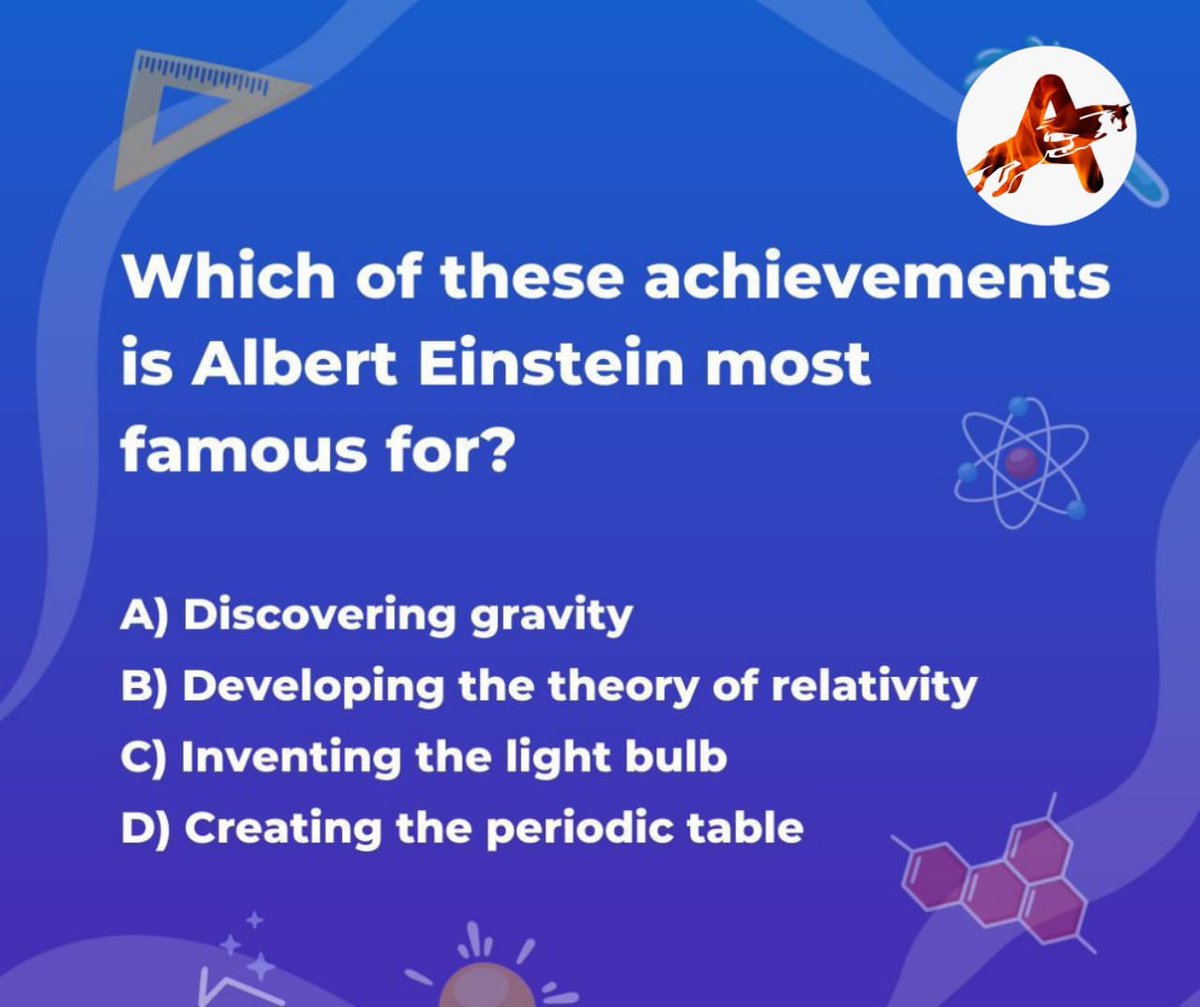 Quiz Time
....................
#AlbertEinstein #Quizoftheday #ScienceQuiz #STEMEducation #Tynker #BYJUS #Kidseducation #kidsQuiz