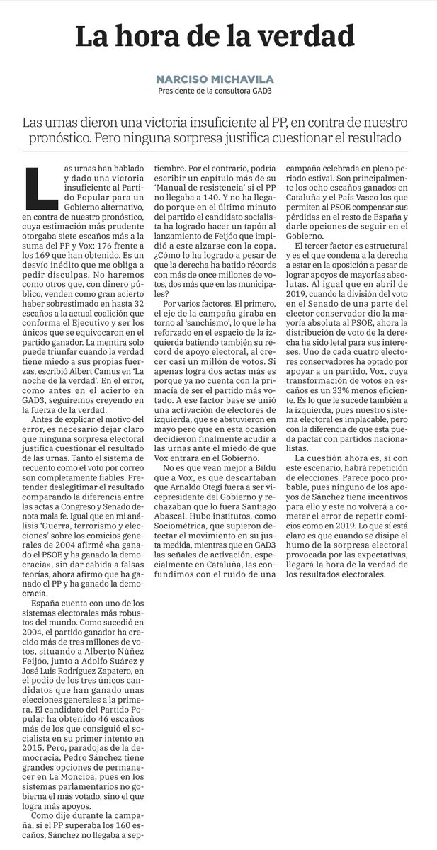 "La hora de la verdad" adjunto mi análisis del resultado electoral de pasado domingo publicado en los diarios de Vocento: