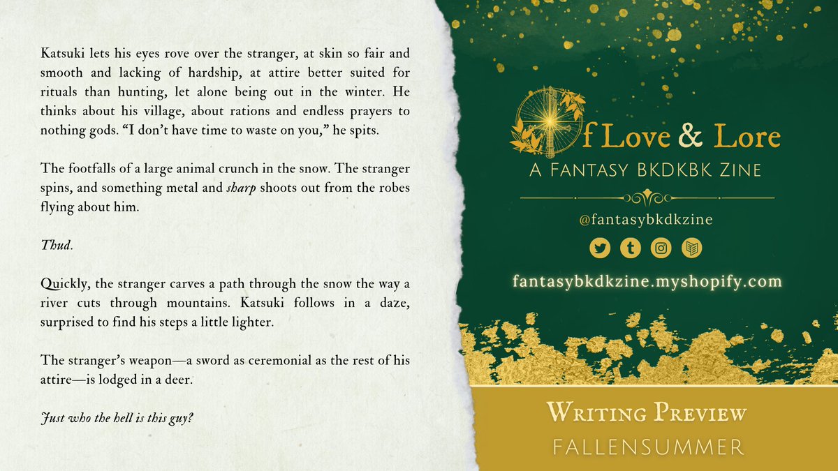 fantasybkdkzine's tweet photo. 📯Of Love &amp; Lore: Writing Preview📜

Writer: @_fallensummer

Catch their piece in Of Love and Lore!🌲🗻

📆 Preorders for our Fantasy/Winter AU BkDkBk zine close on August 19! 🛒

Check our profile for the link! https://t.co/Q4UUX6FHcG
