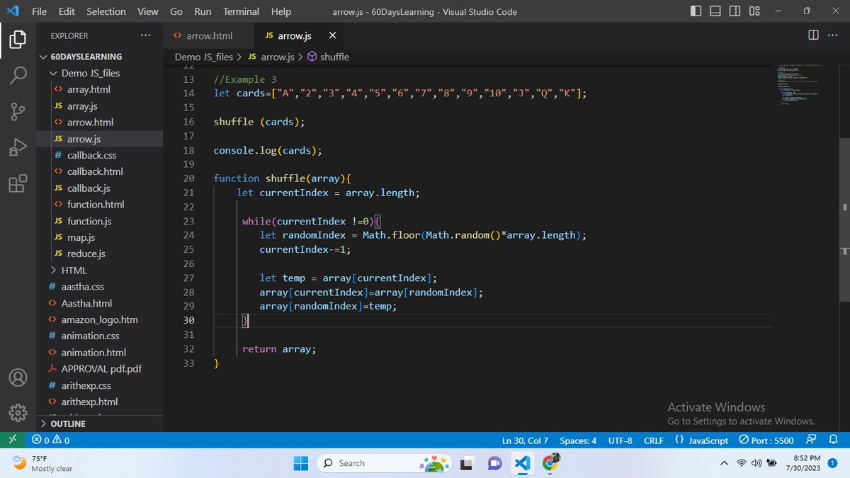 sabina_bas92930's tweet photo. #Day60 #LearningWithLeapfrog
@lftechnology Today,I got to know about arrow function (=>) in JS.And also learned to shuffle the elements of an array.
#60DaysOfLearningWithLeapfrog 
#LSPPLearningD60 https://t.co/4zxApNAHyh