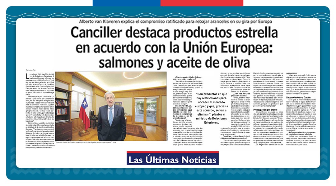 Minrel_Chile's tweet photo. En Las Últimas Noticias (@LUN), el canciller @AlbertoKlaveren abordó la gira del Presidente Gabriel Boric por Europa y destacó los beneficios de la modernización del Acuerdo de Asociación con la Unión Europea.

Lee la entrevista aquí: https://t.co/IMP6mP9h8G https://t.co/sYov51hf0Q