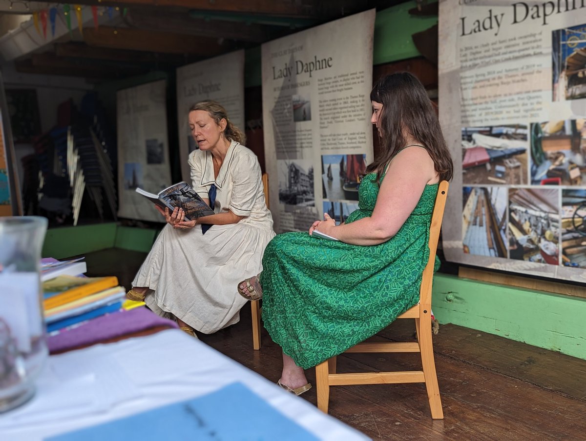 Enjoying @clareowenwriter reading from her book Zed and the Cormorants on board Lady Daphne at Charlestown. Zed and the Cormorants won the Holyer An Gof award in the YA category and the Ann Trevenen Jenkin cup in 2022. #booktwt #YAfiction #authors