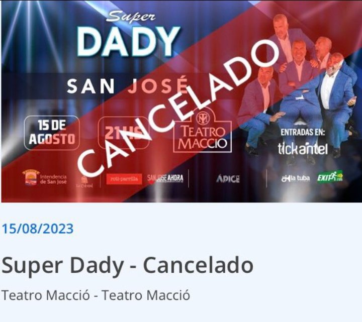 BIEN POR LOS URUGUAYOS.

DADY BRIEVA TUVO QUE CANCELAR SU OBRA EN URUGUAY. TODOS DEVOLVIERON LA ENTRADA.

SE PASO DE LISTO, CRITICO AL GOBIERNO URUGUAYO Y A LOS PROPIOS URUGUAYOS Y CANCELO SU OBRA PORQUE TODOS LE DEVOLVIERON LA ENTRADA DE SU SHOW.