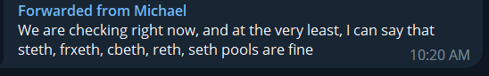 spreekaway's tweet photo. Curve team looking into potential other pools at risk. steth, frxeth,cbeth,reth,seth are fine. https://t.co/LvRyaNOae3