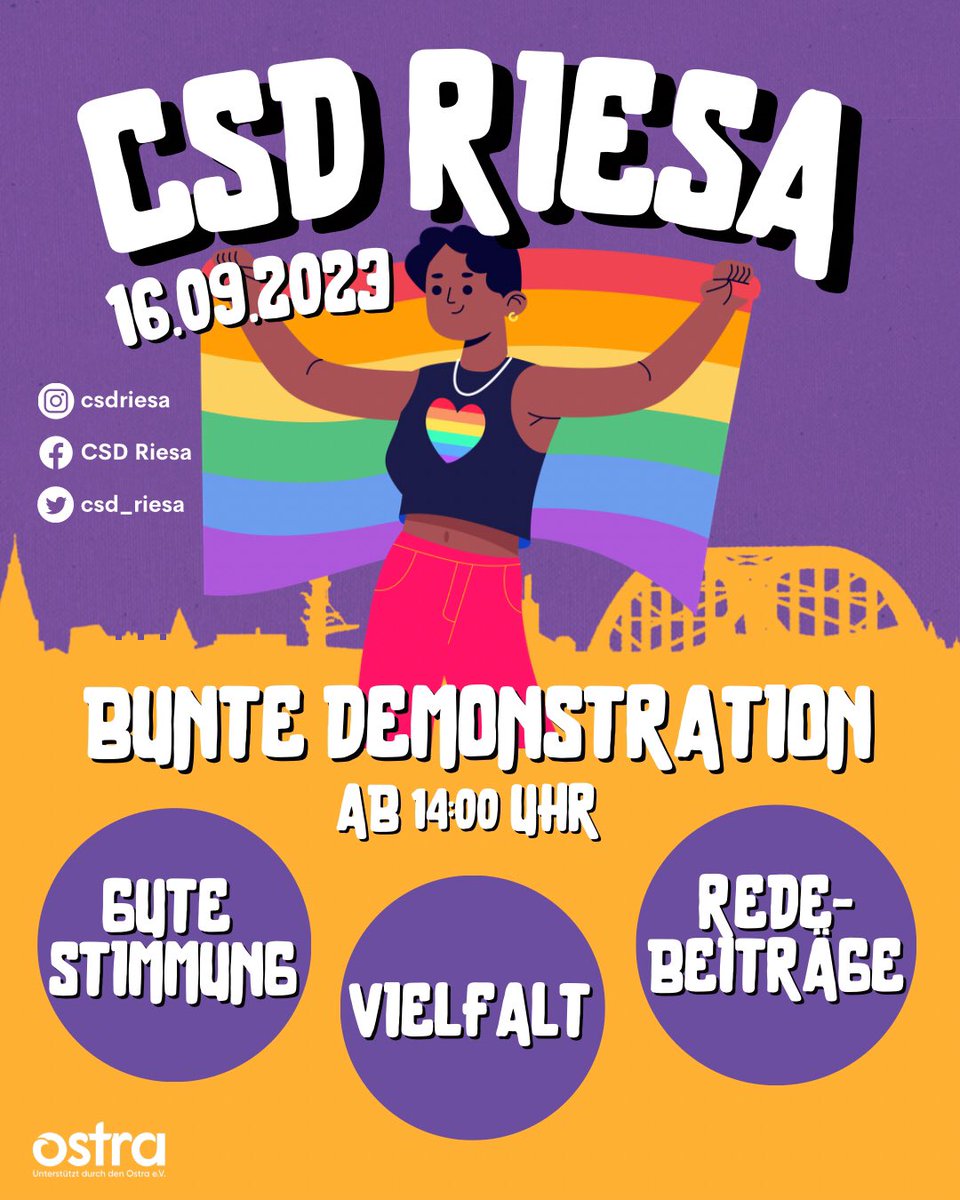 Am 16.09.23 gehen wir wieder gemeinsam auf die Straßen Riesas und setzen ein Zeichen für Vielfalt!🏳️‍🌈
Ab 14 Uhr startet die mittlerweile dritte CSD-Demonstration der Stadt. Der genaue Startpunkt wird noch bekannt gegeben. Wir freuen uns über jegliche Unterstützung, bis bald!