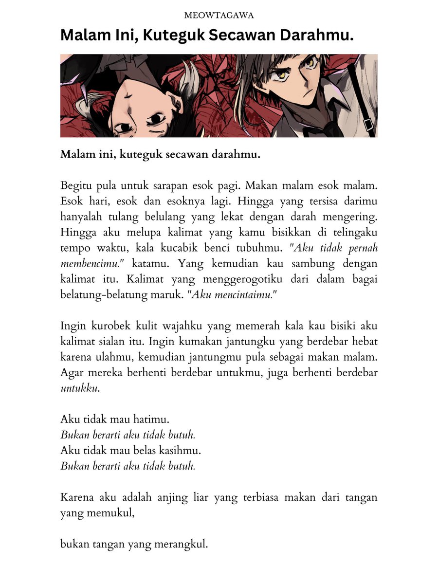 meowtagawa's tweet photo. malam ini, kuteguk secawan darahmu.

cw // gore, cannibalism as metaphor https://t.co/a1Ng7ZyoKK