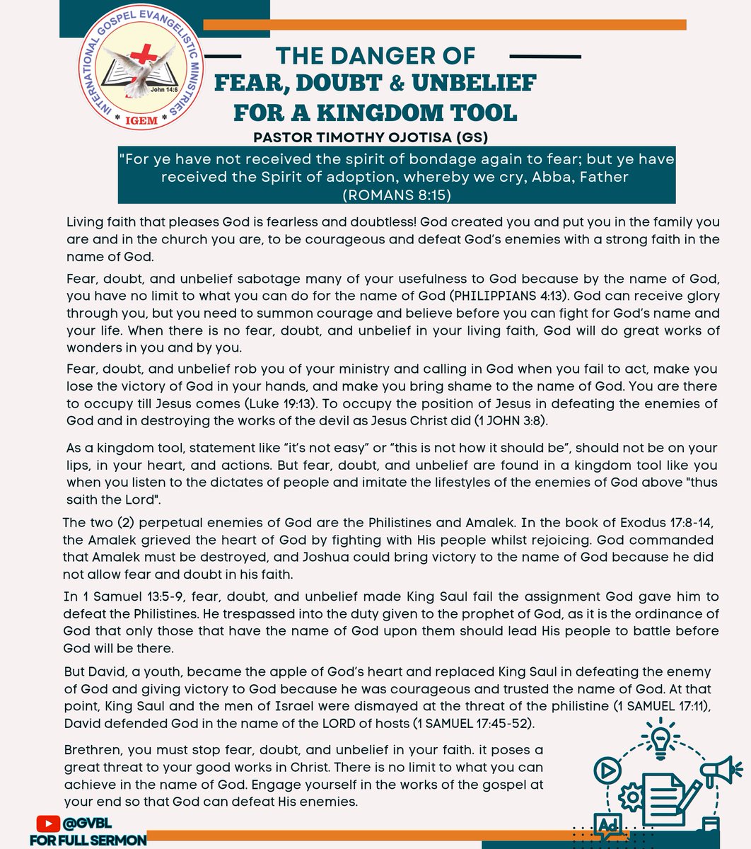 igemcity's tweet photo. Fear, doubt and unbelief sabotage many of your usefulness to God. #igem #igemcity #fear #doubt #unbelief #kingdomtools #wordsoflife https://t.co/9KYzhX9AdB