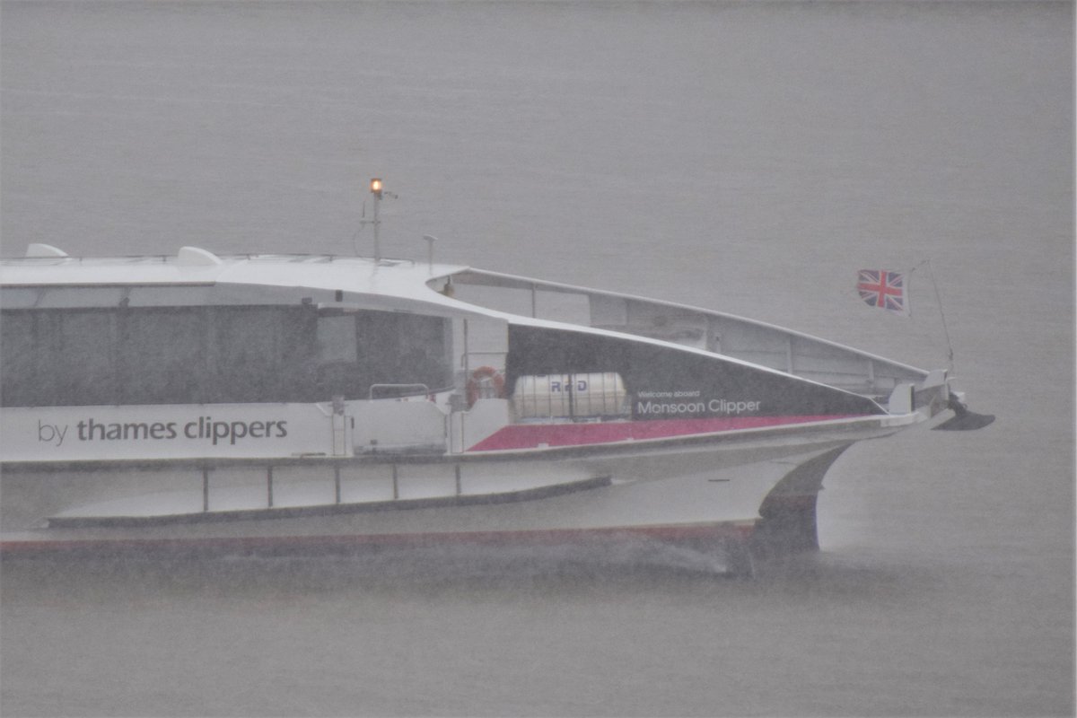 AJBC_1's tweet photo. The aptly named MONSOON CLIPPER - running the inbound #RiverBus service along the #Thames in the heavy rain this afternoon.
#UberBoat #ThamesClipper #London
#dlr_blog https://t.co/l31UNlFoVy