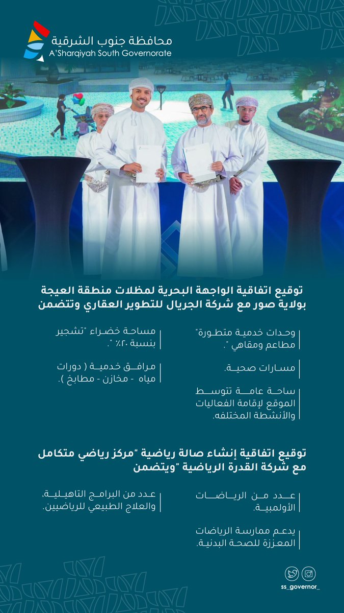 <a href="/OMIFCO/">أوميفكو</a> ▪︎توقيع اتفاقية الواجهة البحرية لمظلات منطقة العيجة بولاية #صور مع شركة الجريال للتطوير العقاري 
▪︎توقيع اتفاقية إنشاء مركز رياضي متكامل مع شركة القدرة الرياضية
