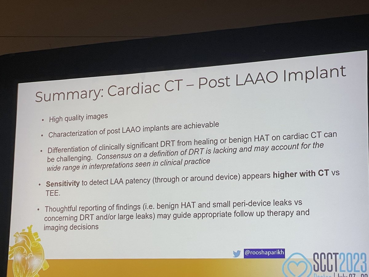 What to look for on CCT for post LAAO Implantation? Excellent points on evaluation of LAAO devices by ⁦@rooshaparikh⁩ ✨Sensitivity to detect LAA patency appears higher with CCT compared to TEE💫 #SCCT2023 ⁦@Heart_SCCT⁩ ⁦@OKhaliqueMD⁩ ⁦⁦⁦⁦⁦