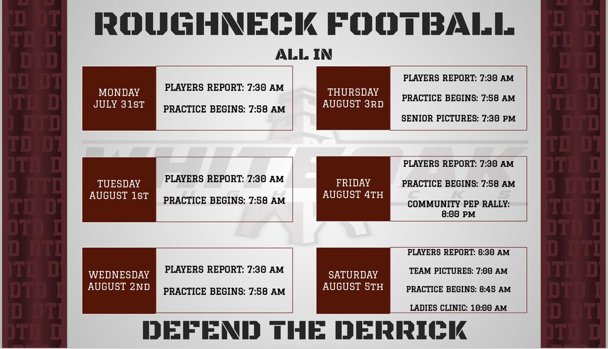 HIGH SCHOOL FOOTBALL IS HERE!!! Take a look at the times and events for this week. Who's ready to check out The NECKS Generation!!! #DTD #ALLIN