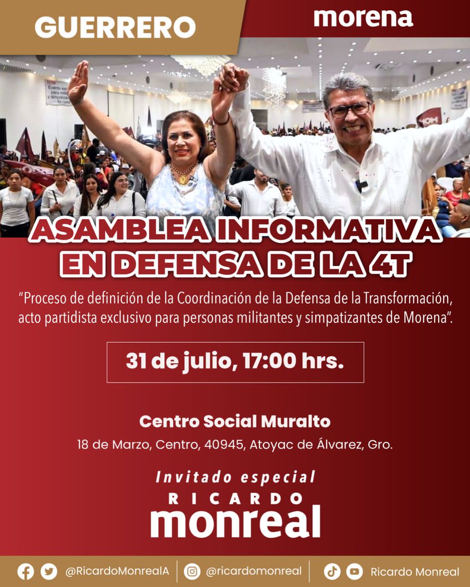 SinaloaCon33105's tweet photo. Lunes, 31 de julio, en Atoyac de Álvarez, Guerrero. Ahí estará Ricardo Monreal. https://t.co/rfMGg341dy