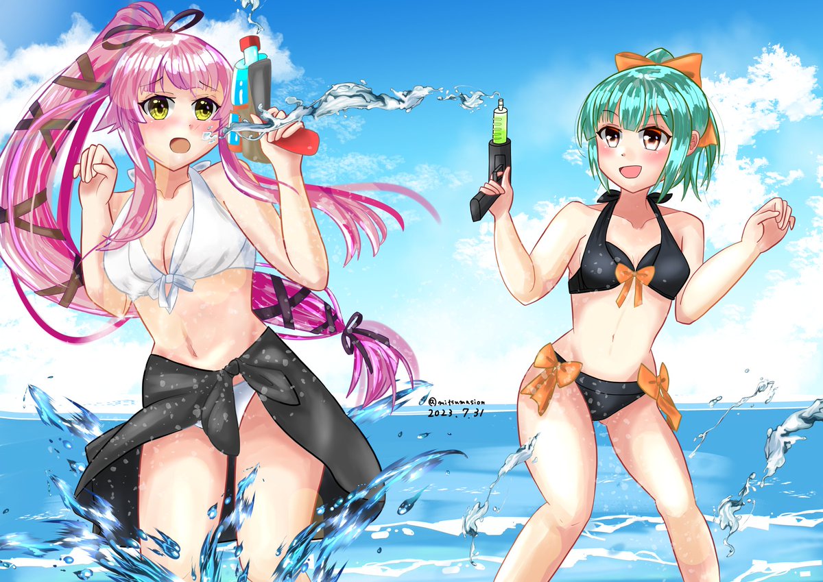 艦これ「水鉄砲で戯れるゆらばり #艦これ」|三間四音のイラスト