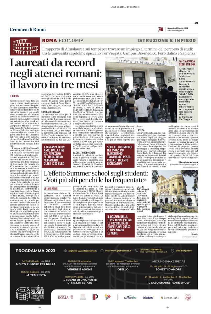 Bell’inchiesta di <a href="/g_valenza/">Giampiero Valenza</a> oggi sul <a href="/ilmessaggeroit/">Il Messaggero</a> sugli Atenei romani e il rapporto #università e #lavoro. Il ruolo delle #summerschool <a href="/UniLUISS/">Luiss Guido Carli</a> nell’intervista al DG <a href="/Giannilostorto/">Giovanni Lo Storto</a>