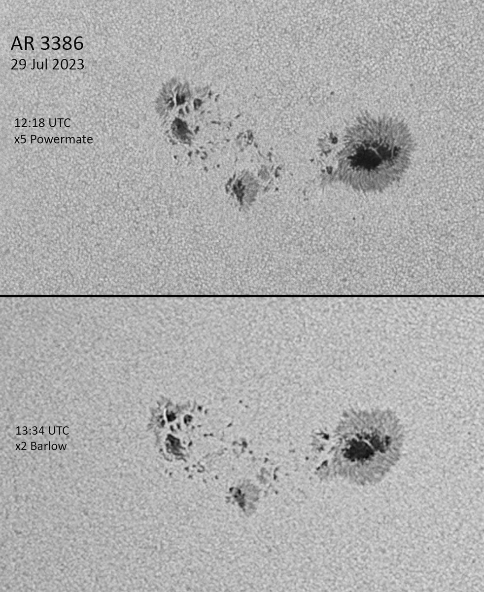 KevinAstrokev's tweet photo. A fun experiment on #solar active region AR3376.

Comparison of a x2 Barlow and x5 Powermate.

Impossible to do a completely controlled test due to seeing variations, but I'm pleased the Powermate seems to give higher resolution and detail 🙂

#Sun #ExperimentsAreFun https://t.co/iiz75Rd7AS