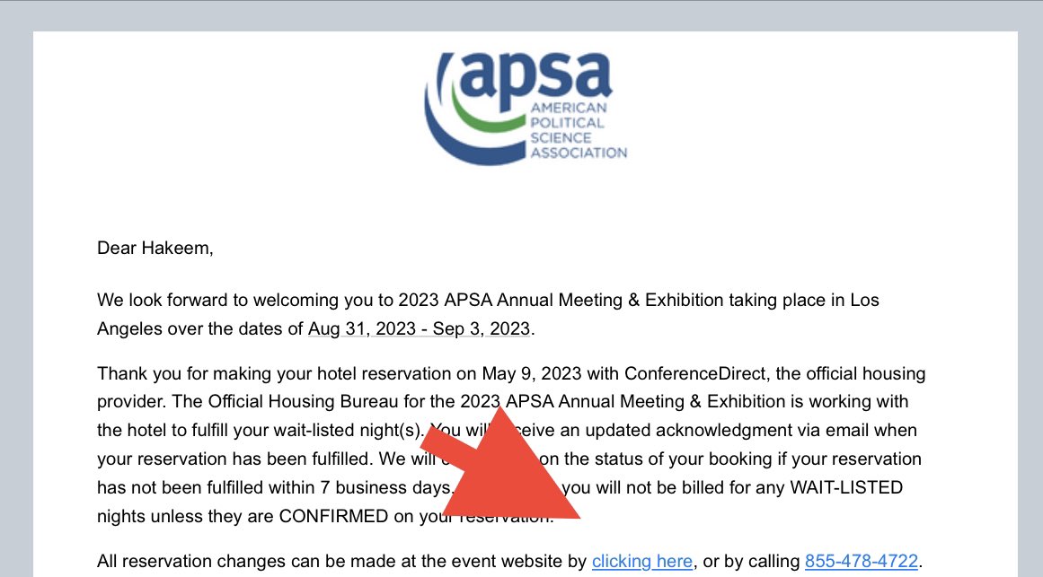Scheduled to stay at hotel for #APSA where workers are striking? Booked thru APSA hotel website? Here’s how you cancel it: Find your confirmation email and click link to modify and cancel. Do it today (July 30) to avoid cancellation fee that starts tomorrow. #Solidarity
