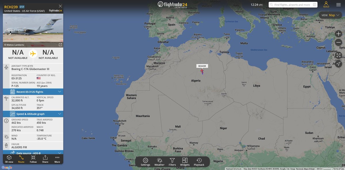 Nath_Yamb's tweet photo. ❗️Un avion militaire américain Boeing C-17A Globemaster III #AE1236 03-3125 qui avait décollé de la base militaire 🇺🇸 de Rammstein en Allemagne en direction du Niamey 🇳🇪 ce matin à 9:03, a rebroussé chemin au-dessus de d’Algérie et s’est reposé en Allemagne à 17:27. https://t.co/IbprHvviZa