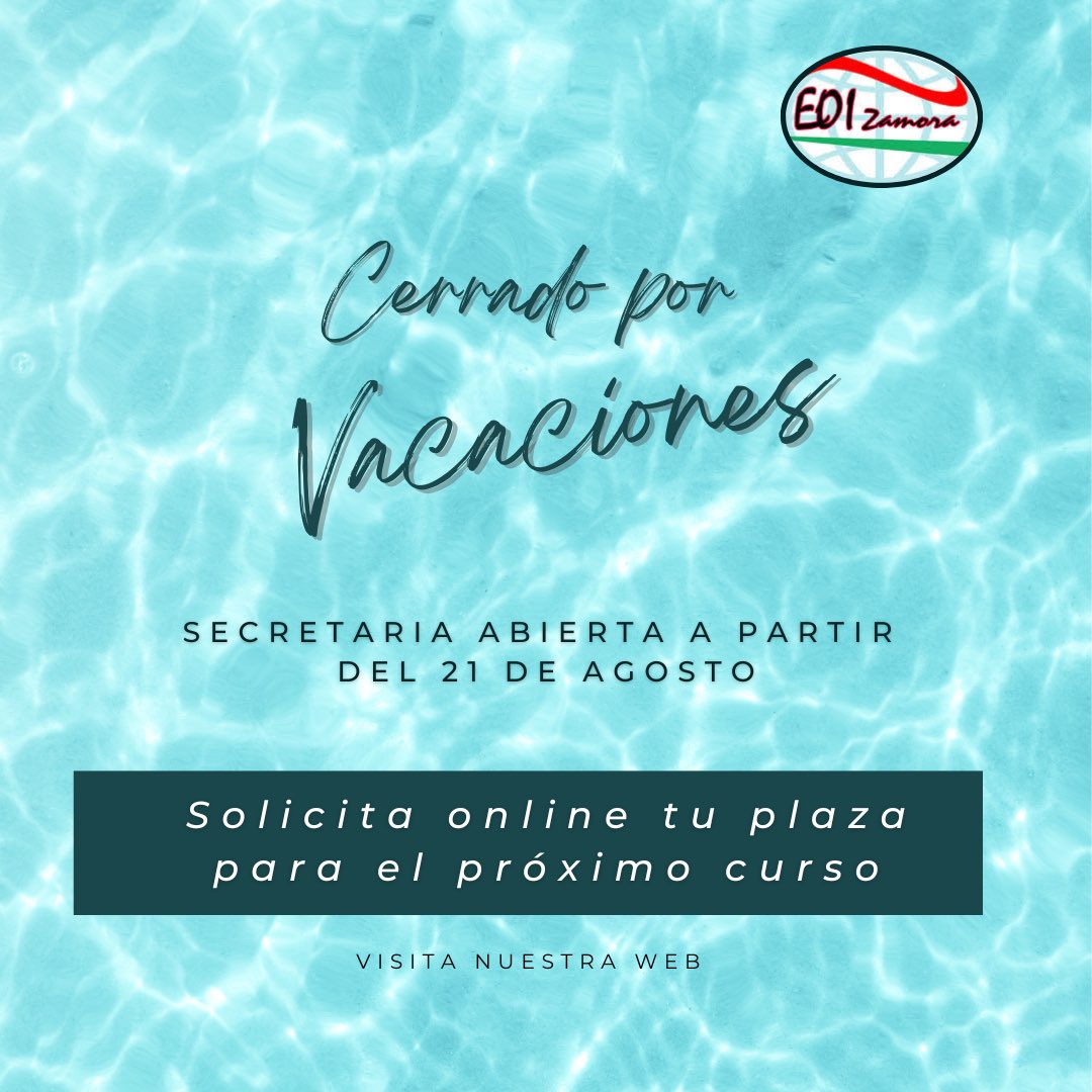 Volvemos el 21 de agosto. Recuerda que puedes solicitar plaza para el curso 2023-24 desde nuestra web eoizamora.centros.educa.jcyl.es/sitio/ 
¡Feliz verano! #lovelanguages #eoiza_info