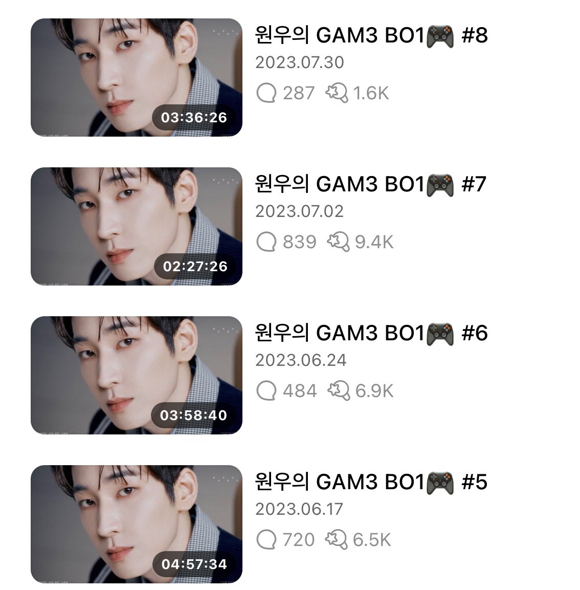 tinkswonu's tweet photo. wonwoo’s GAM3 BO1 🎮🖤

#1: 1 hour 47 minutes 
#2: 2 hours 36 minutes 
#3: 4 hours 11 minutes 
#4: 3 hours 9 minutes 
#5: 4 hours 57 minutes 
#6: 3 hours 58 minutes 
#7: 2 hours 27 minutes 
#8: 3 hours 36 minutes https://t.co/xDqlyYVhdV