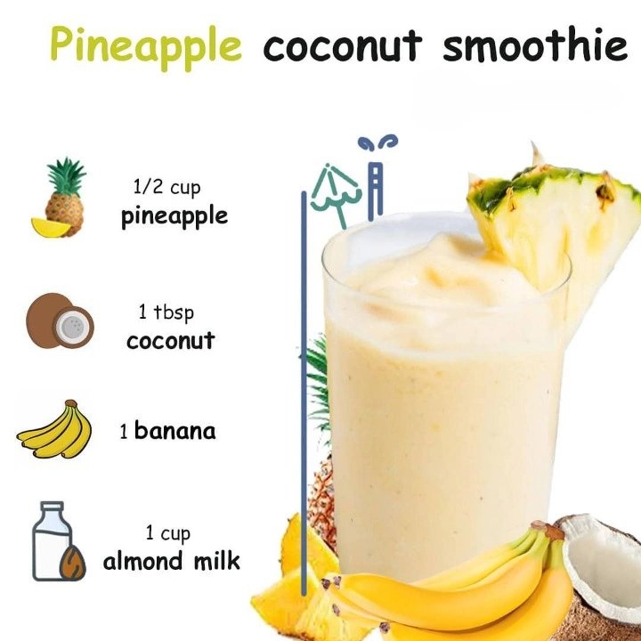 helendean558's tweet photo. This pineapple coconut smoothie is the perfect sweet treat! 🍍🥥 Blended 1/2 cup pineapple, 1 tbsp coconut, 1 banana and 1 cup almond milk for a creamy, dreamy blend bursting with tropical flavor. It's the ideal pick-me-up for a hot summer day! #smoothierecipes #healthysmoothies https://t.co/CHQRXwTlSu