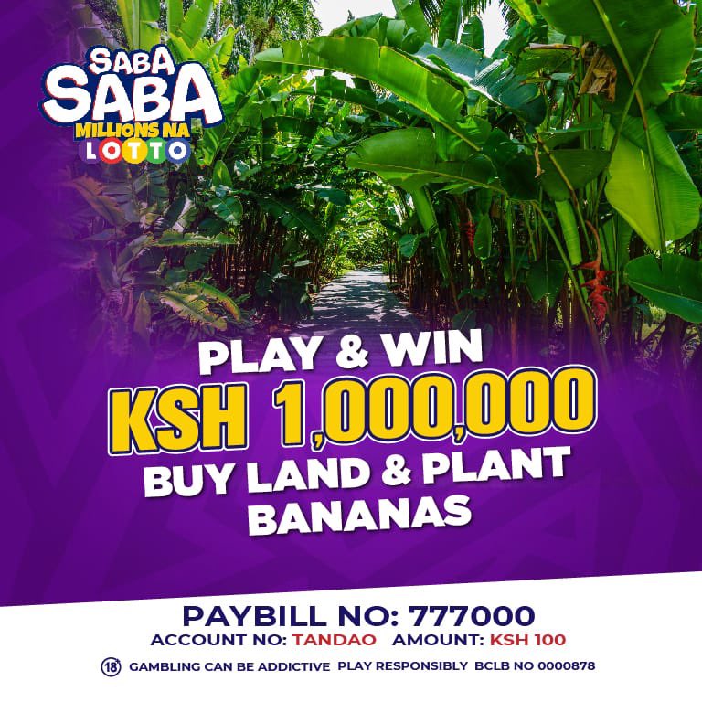 Your farming activities gets a boost at 8:45p.m tonight with a Ksh. 1000,000/- Lotto WIN!

Play with Ksh. 100 to win Ksh. 1000,000/- at our 8:45p.m MegaDraw tonight!

WIN! Mpesa Ksh. 100 to Paybill “777000” Account “TANDAO”

#NyakuaMitaNaLotto
#LottoNaTandao
#SabaSabaMillions