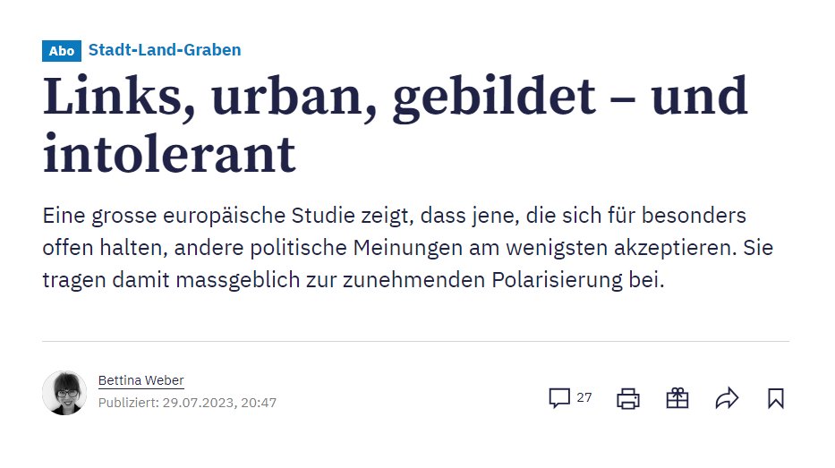 Nicola Siegrist (@nicola_siegrist) on Twitter photo Bettina Weber schlägt in der <a href="/sonntagszeitung/">SonntagsZeitung</a> wieder zu: gebildete linke Städter*innen seien intolerant (und sowieso Schuld an allem übel dieser Welt)
Ich habe mir diese Studie mal genauer angeschaut.
Spoiler: Die Interpretation von Weber ist unwissenschaftlich.
1/12 Bettina Weber schlägt in der <a href="/sonntagszeitung/">SonntagsZeitung</a> wieder zu: gebildete linke Städter*innen seien intolerant (und sowieso Schuld an allem übel dieser Welt)
Ich habe mir diese Studie mal genauer angeschaut.
Spoiler: Die Interpretation von Weber ist unwissenschaftlich.
1/12