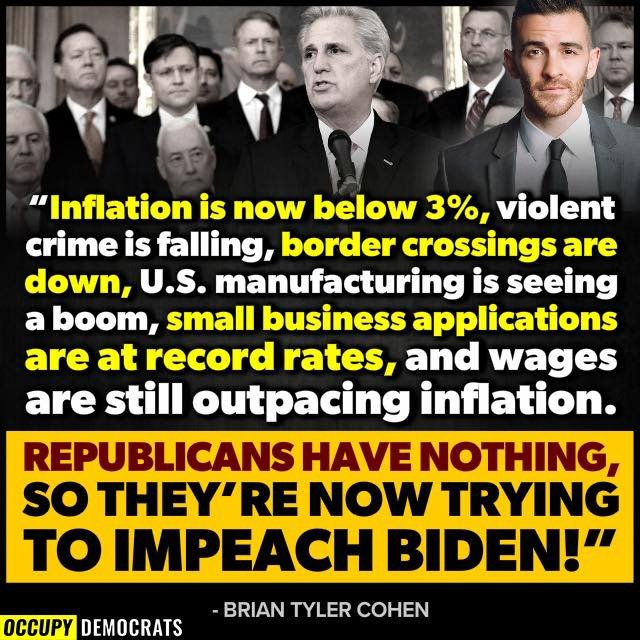As President Joe Biden is doing so well on the economy, the only attack lines remaining for Republicans, Fox News, and the MAGA cult on the right, are Hunter Biden and the 'Big Lie'.

🔹️The economy is growing.
🔹️Inflation is down to 3%. 
🔹️The deficit is down.
🔹️The