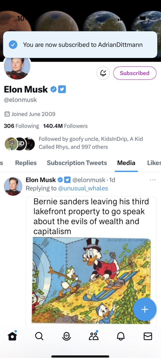 roaringkity's tweet photo. @BusinessInsider It really is a simulation - are they one in the same? I subscribed to Elon and when it confirmed the below noti also appeared. There is no feature to Sub Adrian Dittmann - coincidence I think not 🧐 https://t.co/tUSBel9Psv