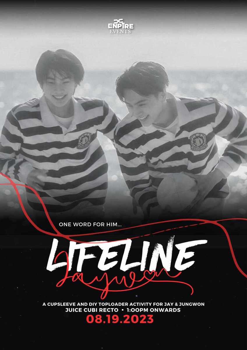 ENpireEvents's tweet photo. ╰•★  𝓛𝓲𝓯𝓮𝓵𝓲𝓷𝓮 ★•╯

📌: One word: LIFELINE
🖌️: A CSE &amp; DIY toploader activity for JAYWON
📍: Juice Cubi, Recto
📅: 08.19.2023
⏲️: 1PM onwards 
🖇️: https://t.co/ux2DYqmON5

#JAYWONLIFELINE #JAY #JUNGWON #JAYWON https://t.co/brIUfVzIb7