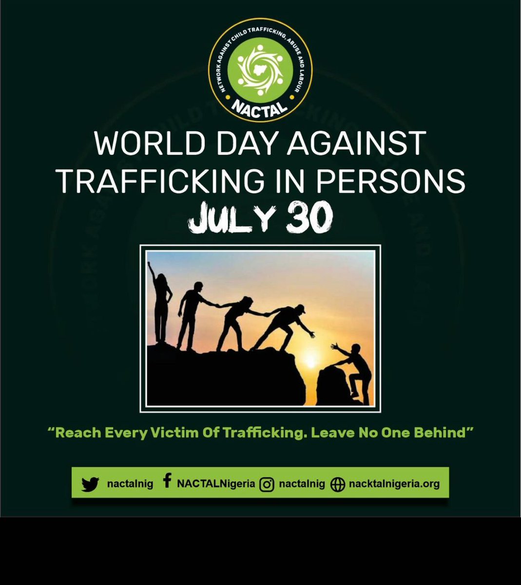Nactalnig's tweet photo. In commemoration of 2023 World Day against Trafficking in Persons themed "Reach every victim of trafficking, leave no one behind", Network Against Child Trafficking, Abuse &amp; Labour (NACTAL) joins the rest of the world to mark the annual TIP day today.

NACTAL.....Preserving Lives https://t.co/GxwZRy09Qr