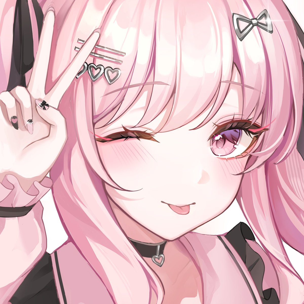 pink hair tongue one eye closed tongue out solo choker pink eyes  illustration images