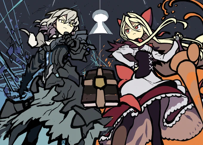 skeb作業中です…!(べるsさん()の黒アリス(装甲モード)とオモイトの蓬莱人形を描かせていただいております。)