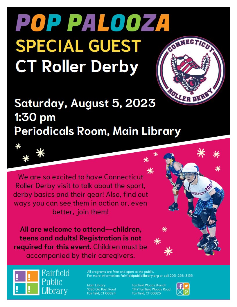 FairfieldPubLib's tweet photo. Mark your calendars! #FPL #FairfieldMoms #SummerChallenge #CTRollerDerby #PopPalooza https://t.co/eqq3GlUlJG